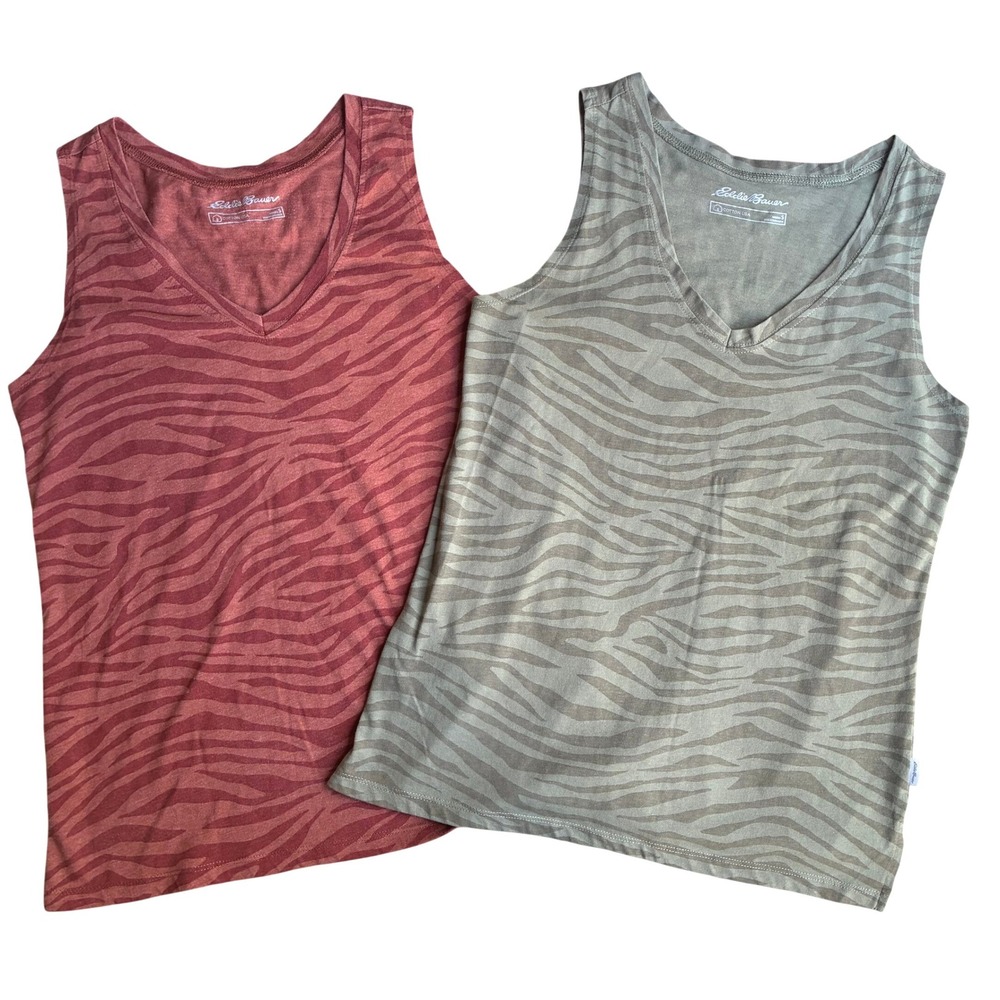 Set of 2 Eddie Bauer Womens Small V-Neck Tank Top Animal Print Green Red Cotton